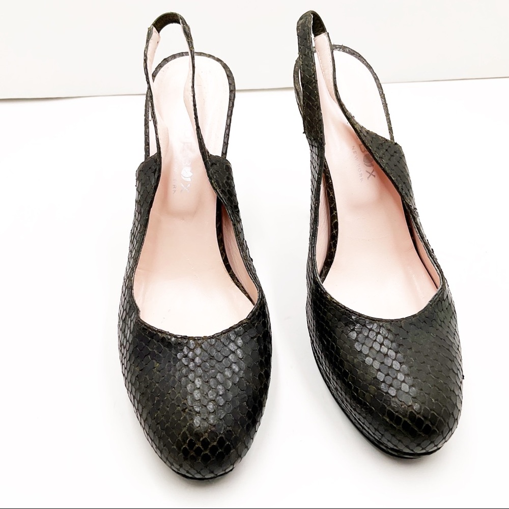 {Shoe Box Ny}Olive Python Leather Sling-Back Heels - image 4